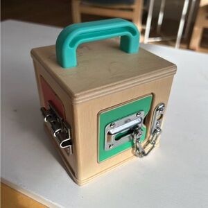 Interactive Wooden Lock Box Toy with Teal Handle